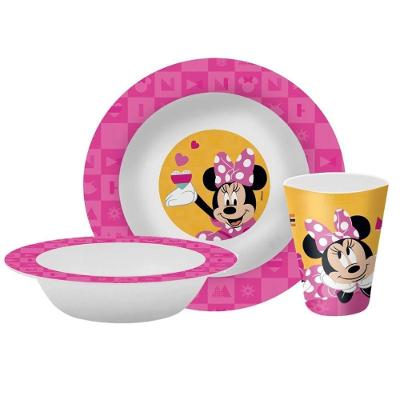Kit Refeição Infantil Minnie Disney Prato Tigela Copo Melamina Rosa Yangzi