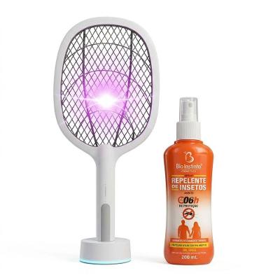 Kit Raquete Elétrica com Base Luminosa e Spray Repelente 200ML Bio Instinto Dupla Proteção