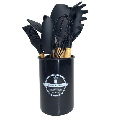 Utensílios de Cozinha Kit com 12 Peças Antiaderente Silicone Madeira Ecológica Preto Aquilae