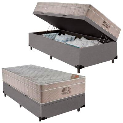 Cama Box com Baú Solteiro Airtech Springpocket Molas Ensacadas Suede Cinza Ortobom
