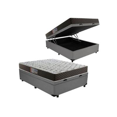 Cama Box Baú Casal com Colchão Molas Bonnel Suede Cinza Pistão a Gás 138CM