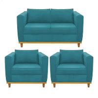Kit Sofá 2 Lugares e 2 Poltronas Europa Suede Azul Turquesa - 1