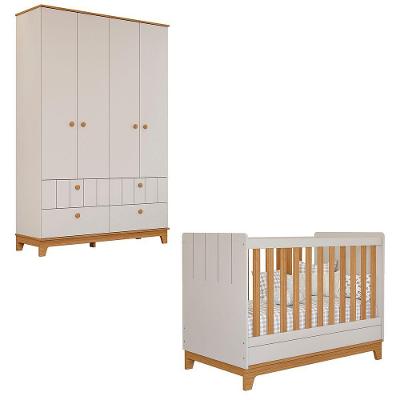Conjunto de Berço e Roupeiro Biscoito 4 Portas 4 Gavetas MDF Off White Loja Doce Lar