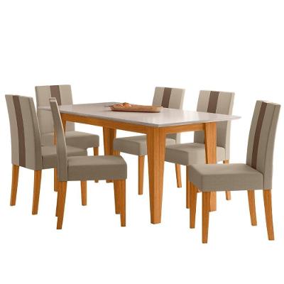 Conjunto de Jantar Liz 6 Lugares Tampo MDP Cadeiras Estofadas Suede Off White 160CM Poliman Móveis