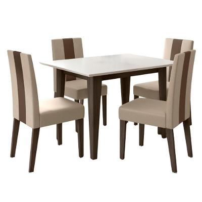 Conjunto de Jantar Kate 4 Lugares Tampo MDF Cadeiras Estofadas Suede Amendoa Off White 120CM Poliman