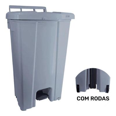 Lixeira P100 100L Plástico com Pedal Rodas Aro Fixador Tampa Removível Cinza Higipack