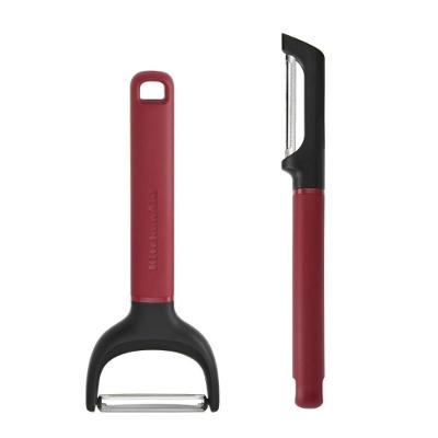 Jogo de Descascadores Y-Peeler e Euro Peeler para Legumes em Aço Inoxidável Cabo Ergonômico Vermelho