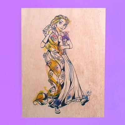 Quadro Rapunzel Princesa Disney Aquarela Quadrado 19x19x2CM em Madeira em Compensado Naval