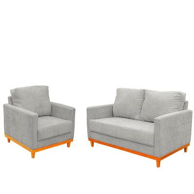 Kit Poltrona e Sofá Berlim 2 Lugares Tecido Acquatec Impermeável Cinza e Prata Ateliê do Conforto