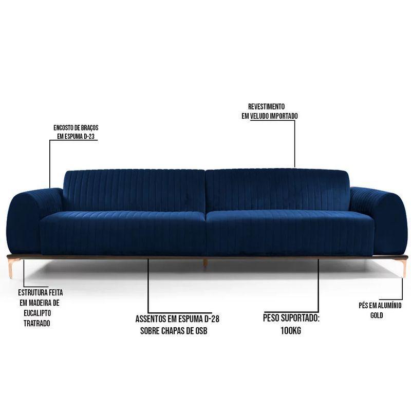 Sofá 3 Lugares Sala Base de Madeira euro 210 Cm Azul Marinho - 3