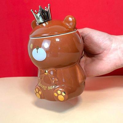 Caneca Porcelana 3D com Tampa e Colher Ursinho Marrom para Bebidas Quentes