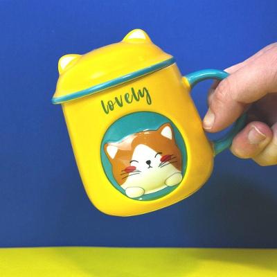 Caneca Gatinho Amarela com Tampa e Colher em Porcelana 3D para Café e Chá Amarelo