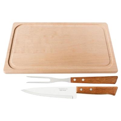 Jogo Trinchante Naturalle para Churrasco com Lâminas em Aço Inox e Cabos de Madeira 3 Peças Marrom