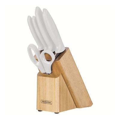 Jogo de Facas Plenus Aço Inox Cabos Off White com Suporte de Madeira para Cozinha Tramontina 6 Peças