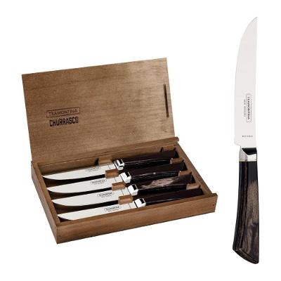 Conjunto de Facas Pampas para Churrasco Aço Inox Forjado Cabo Polywood Café Estojo Madeira
