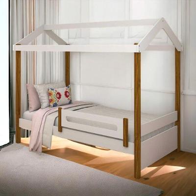 Cama Solteiro Casa Eliz com Grade e Colchao MDF Branco 95CM Divaloto Móveis