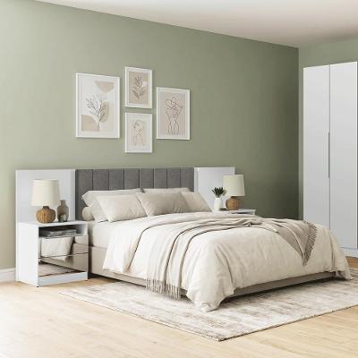 Cabeceira Extensível Estofada com 2 Mesas Espelhadas MDDR020061F8 Casal MDP Suede Branco Silver