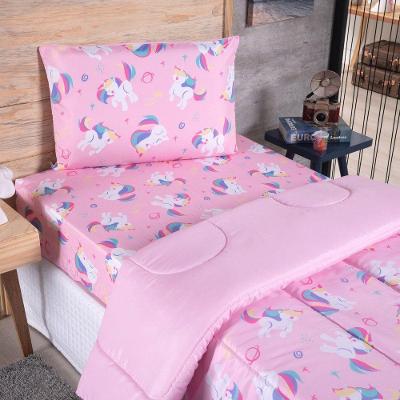 Edredom + Jogo de Cama Alegria Infantil Solteiro 100% Poliéster Micropercal 200 Fios Unicórnio
