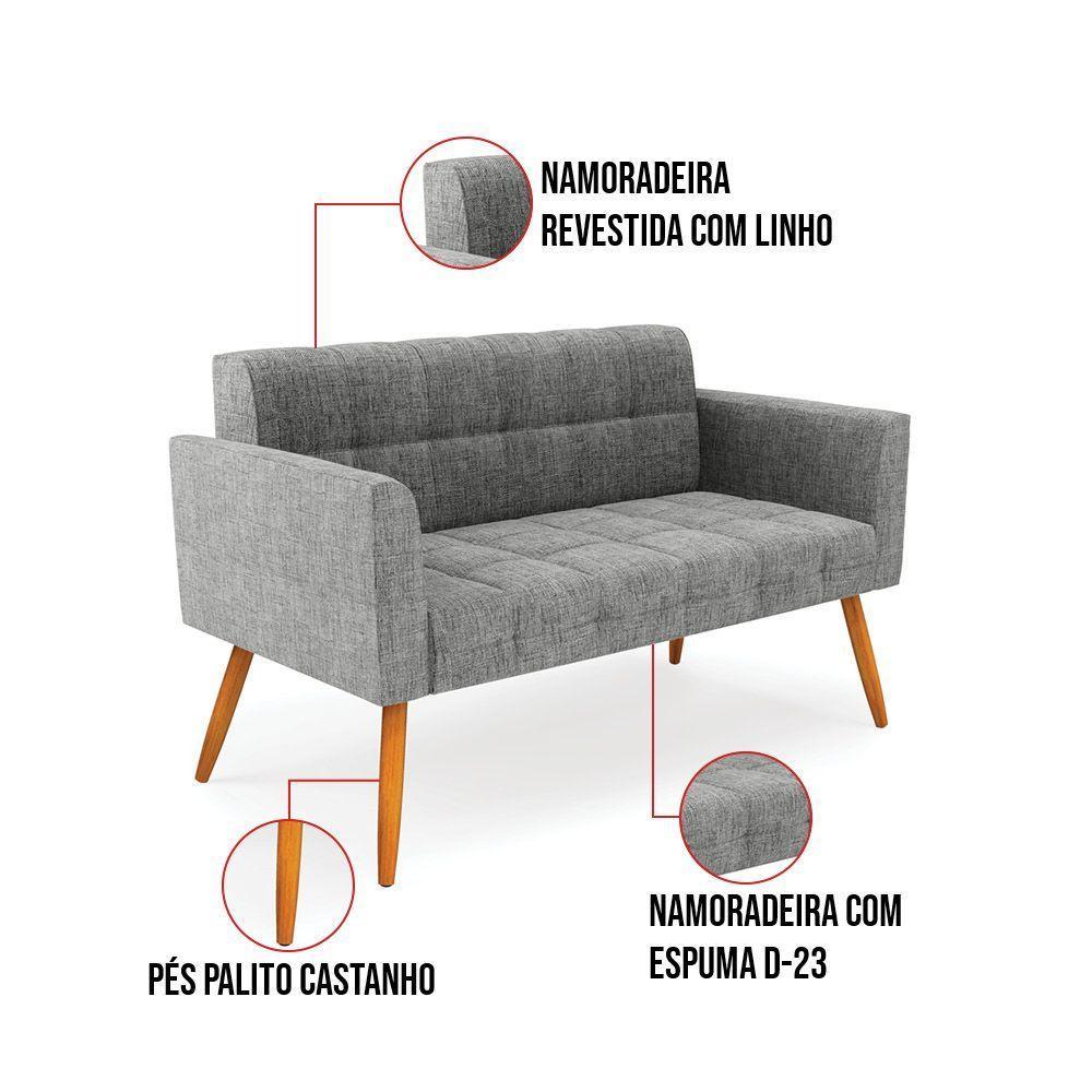 Sofá Namoradeira Elisa Linho Pés Palito Castanho - D'rossi Cor A26 Grafite - 5