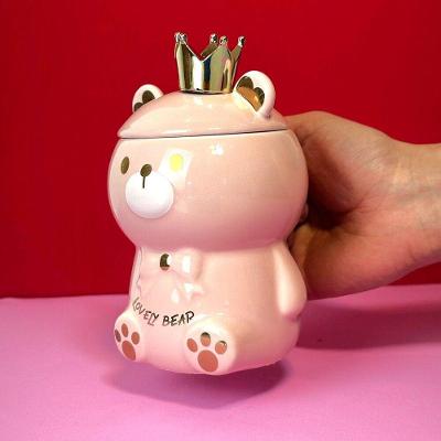 Caneca Porcelana 3D com Tampa e Colher Ursinho Rosa para Café e Chá com Design 3D Resistente