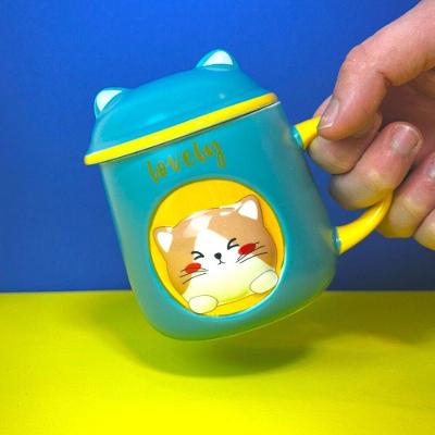 Caneca Porcelana 3D com Tampa e Colher Gatinho Verde para Café Chá e Bebidas Quentes