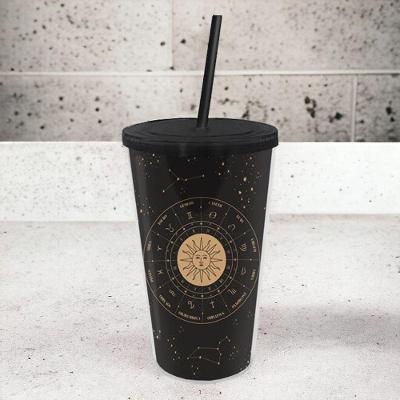 Copo Canudo Zodíaco Mapa Astral com Símbolos dos Signos Reutilizável 500ML