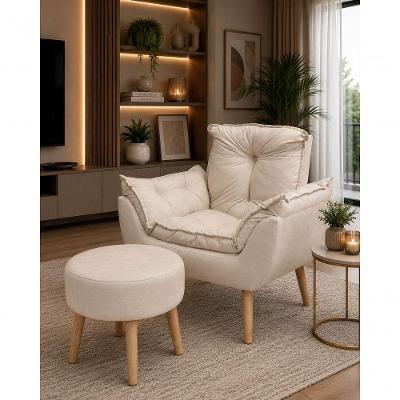 Kit Poltrona Opala + Puff Red Suede com Pés Palito Confortável Bege Sonho das Poltronas 83CM