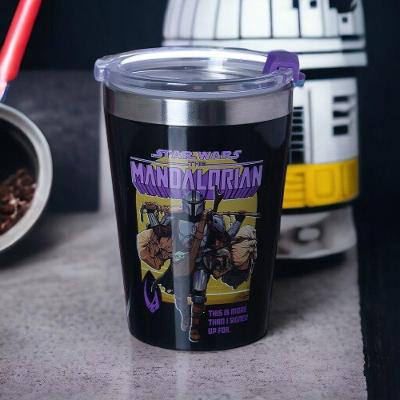 Copo de Viagem The Mandalorian Aço Inoxidável e Plástico com Tampa por Pressão para Uso Diário Preto