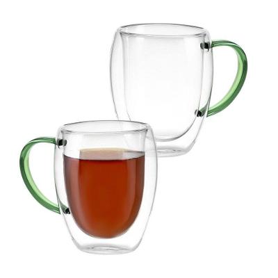 Kit Xícaras Parede Dupla em Vidro Borossilicato Isolamento Térmico para Café Verde 350ML