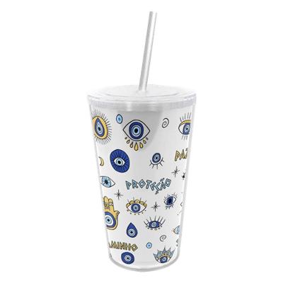 Copo Olho Grego Símbolos dos Signos Design Astrológico Canudo Reutilizável 500ML