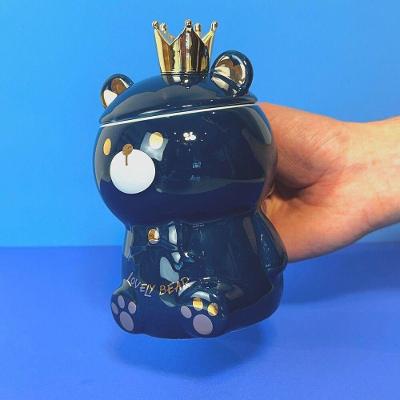 Caneca Ursinho Azul com Tampa e Colher em Porcelana 3D para Café Chá Azul