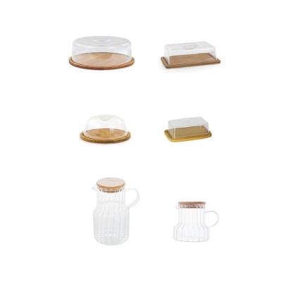 Kit Café da Manhã 2 Jarras Vidro + Boleira + Manteigueira + Porta Frios e Queijo Bambu Acrílico