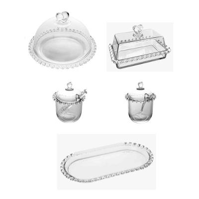 Kit Açucareiro + Meleira + Travessa + Queijeira + Manteigueira Coração em Vidro Transparente Lyor