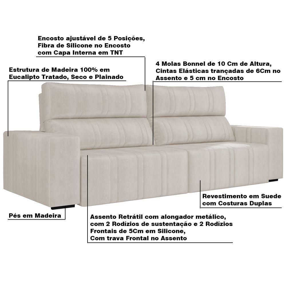 Sofá Retrátil 254cm Leonel Suede Bege Gran Belo - 4