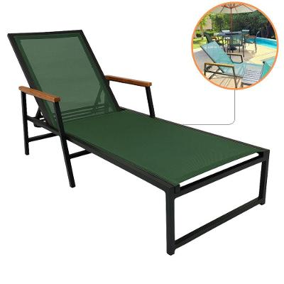 Espreguiçadeira Piscina Amélia Assento Tela Sling Alumínio Braços Madeira Verde Nossa Kasa