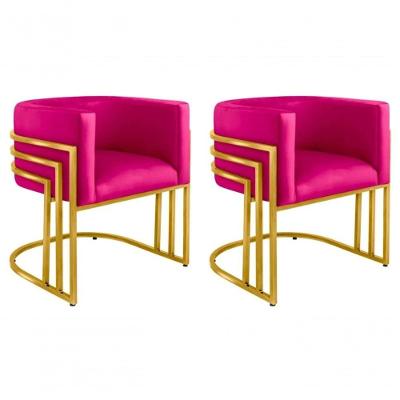 Kit 02 Cadeiras Poltrona Luxo Base De Metal Tripla Dourado Sala De Jantar Cozinha Recepção Veludo Rosa Pink Eli Móveis