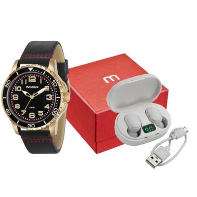 Kit Relógio Masculino Casual Dourado com Fone Bluetooth em Couro Sintético Mondaine