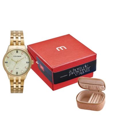 Kit Relógio Feminino Glitter Dourado com Porta Jóias Mondaine