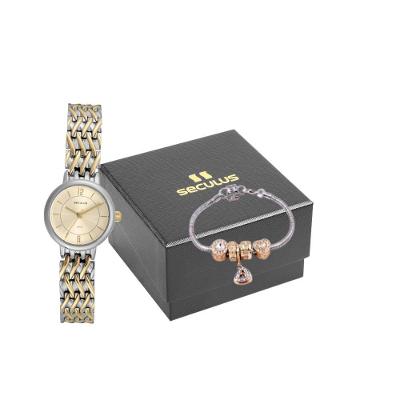 Kit Relógio Feminino Clássico Bicolor com Pulseira Aço Inox LED Dourado Séculus