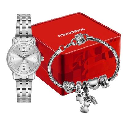 Kit Relógio Feminino Tema Gato Analógico Aço Inox Prata com Pulseira Mondaine 28MM