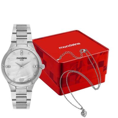 Kit Relógio Feminino Prata com Colar de Coração Analógico Aço Inox Mondaine