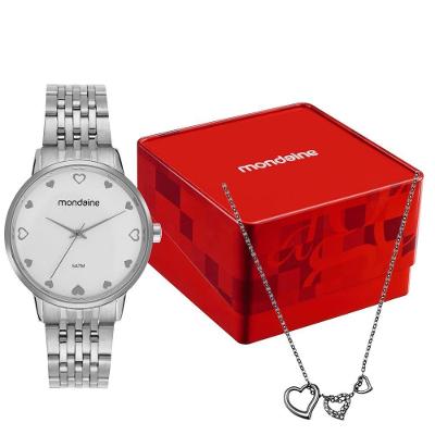 Kit Relógio Feminino Prata Colar de Corações Analógico Aço Inox Mondaine