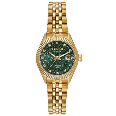 Relógio Feminino 6T15 Clássico Aço Inox Automático Visor Verde Dourado Séculus