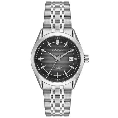 Relógio Clássico Automático Prata Aço Calendário Index Completo com Pulseira Aço Inox Cinza Preto