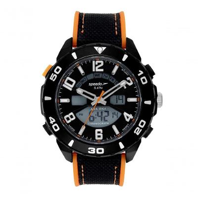 Relógio Masculino Anadigi Analógico em Nylon Preto e Laranja Speedo 50MM