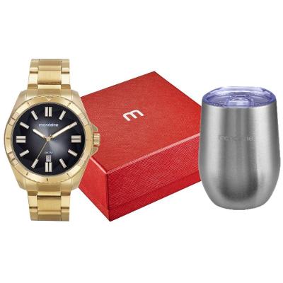 Kit Relógio Masculino Clássico Dourado Analógico Aço Inox com Copo Térmico Mondaine 360ML