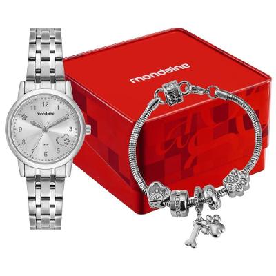 Kit Relógio Feminino Tema Cachorro Analógico Aço Inox Prata com Pulseira Temática Mondaine