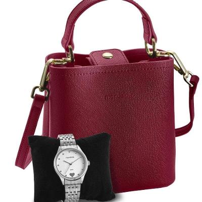 Kit Relógio Feminino Prata com Bolsa Vermelha Analógico Aço Inox Resistente à Água Mondaine