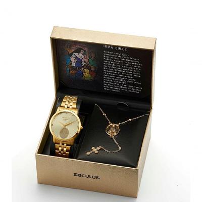 Kit Relógio Feminino Irmã Dulce Analógico Aço Inox com Terço Dourado Séculus 40MM