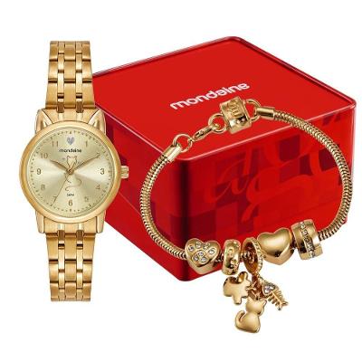Relógio Feminino Tema Gato Analógico Aço Inox Dourado Mondaine 28MM